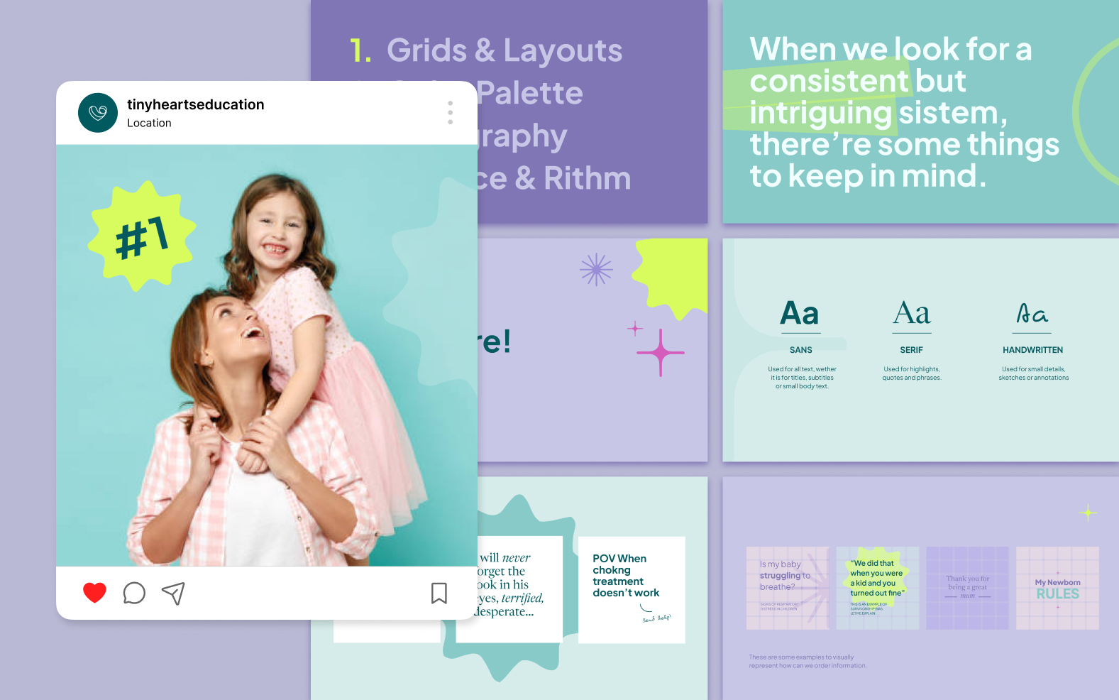 A joyful mother holds her daughter on her shoulders against a teal background. The image includes a social media frame and slides with text on grids, typography, and color.