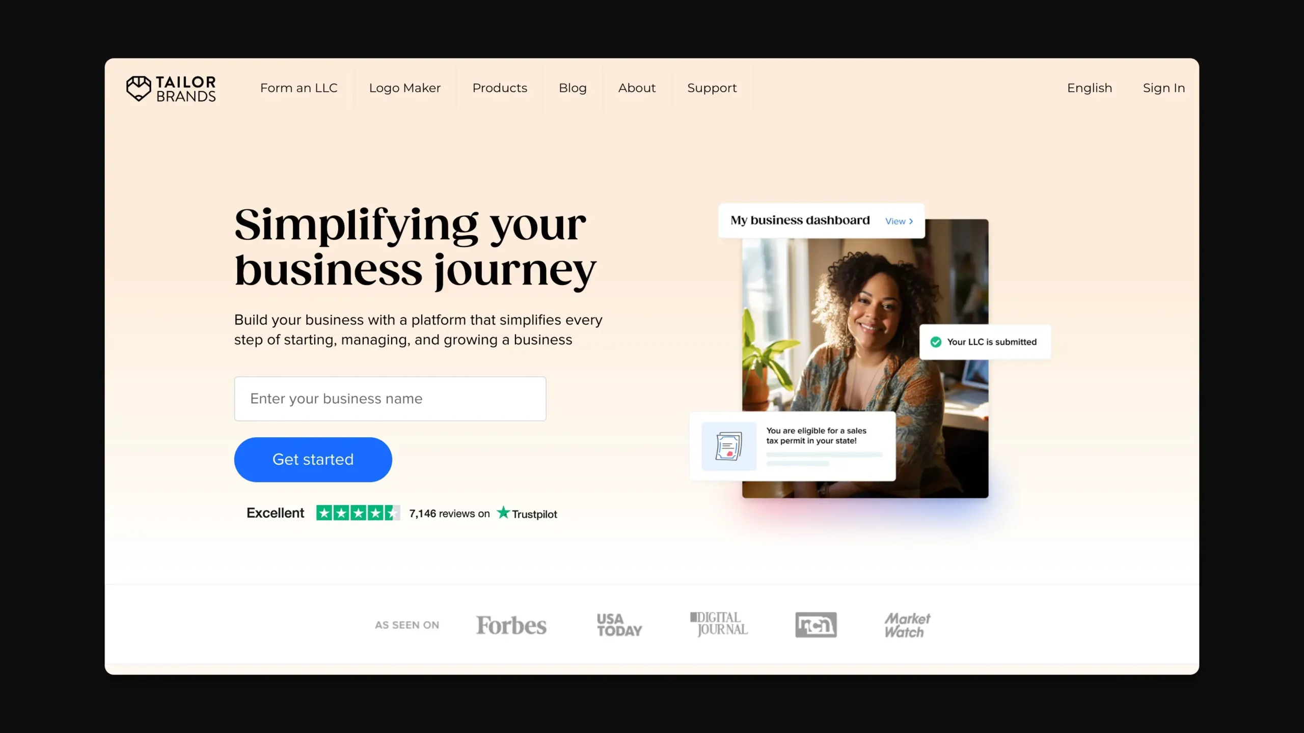 Tailor Brands homepage featuring text Simplifying your business journey. Woman smiling beside a plant with business dashboard graphics. A blue button labeled Get started is below a field for entering a business name. Logos of publications displayed.