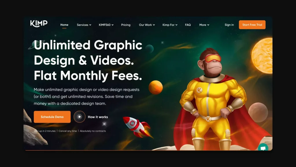 Illustration of a superhero monkey in a yellow suit and red cape on a space-themed background with planets. Text reads “Unlimited Graphic Design & Videos. Flat Monthly Fees.” Buttons for How it works and Choose a plan are visible.