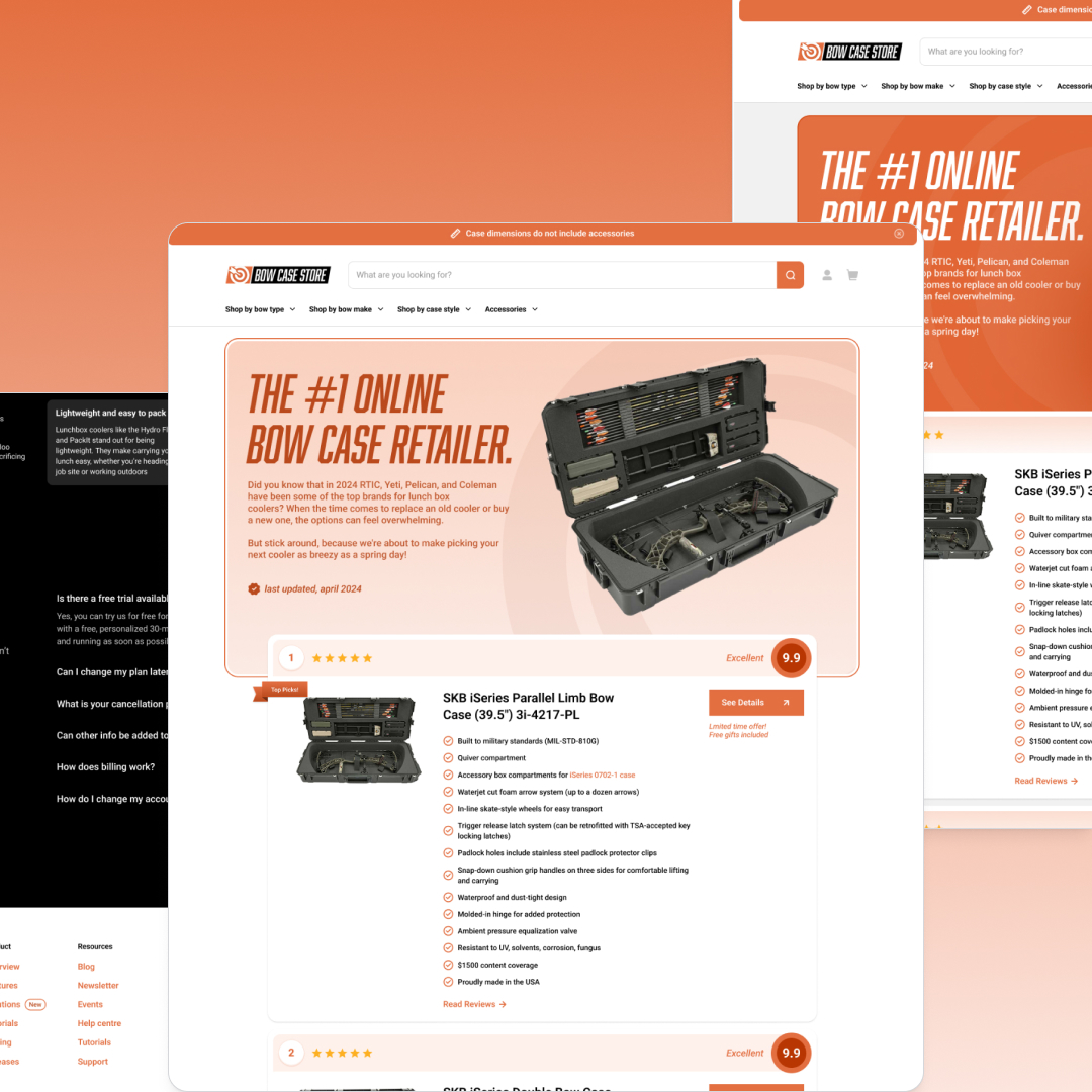 A webpage showcasing an online bow case retailer prominently features a header proclaiming The #1 Online Bow Case Retailer and includes an SKB Series Parallel-Limb Bow Case with image, price, ratings, and purchase button. Explore our design subscription for unlimited graphic design enhancements.