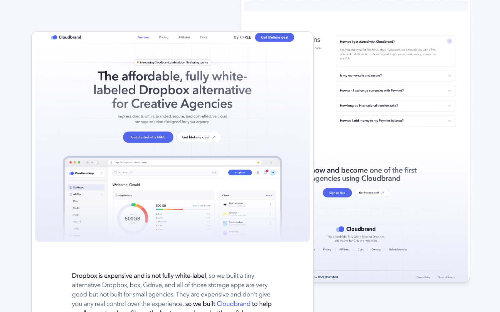 Screenshot of Cloudbrands website, highlighting their Dropbox alternative for creative agencies. Features include a dashboard with storage stats, customizable branding, and a call-to-action button to start with a free plan. Testimonials praise its seamless integration with unlimited graphic design services.