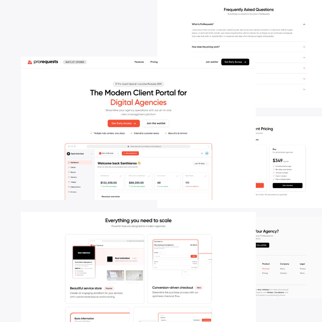 A webpage showcasing a client portal for digital agencies. It features agency stats, team management, and product details. Enjoy unlimited graphic design options, a FAQ section, pricing plans, and a registration prompt. The clean layout boasts a red and white color scheme.