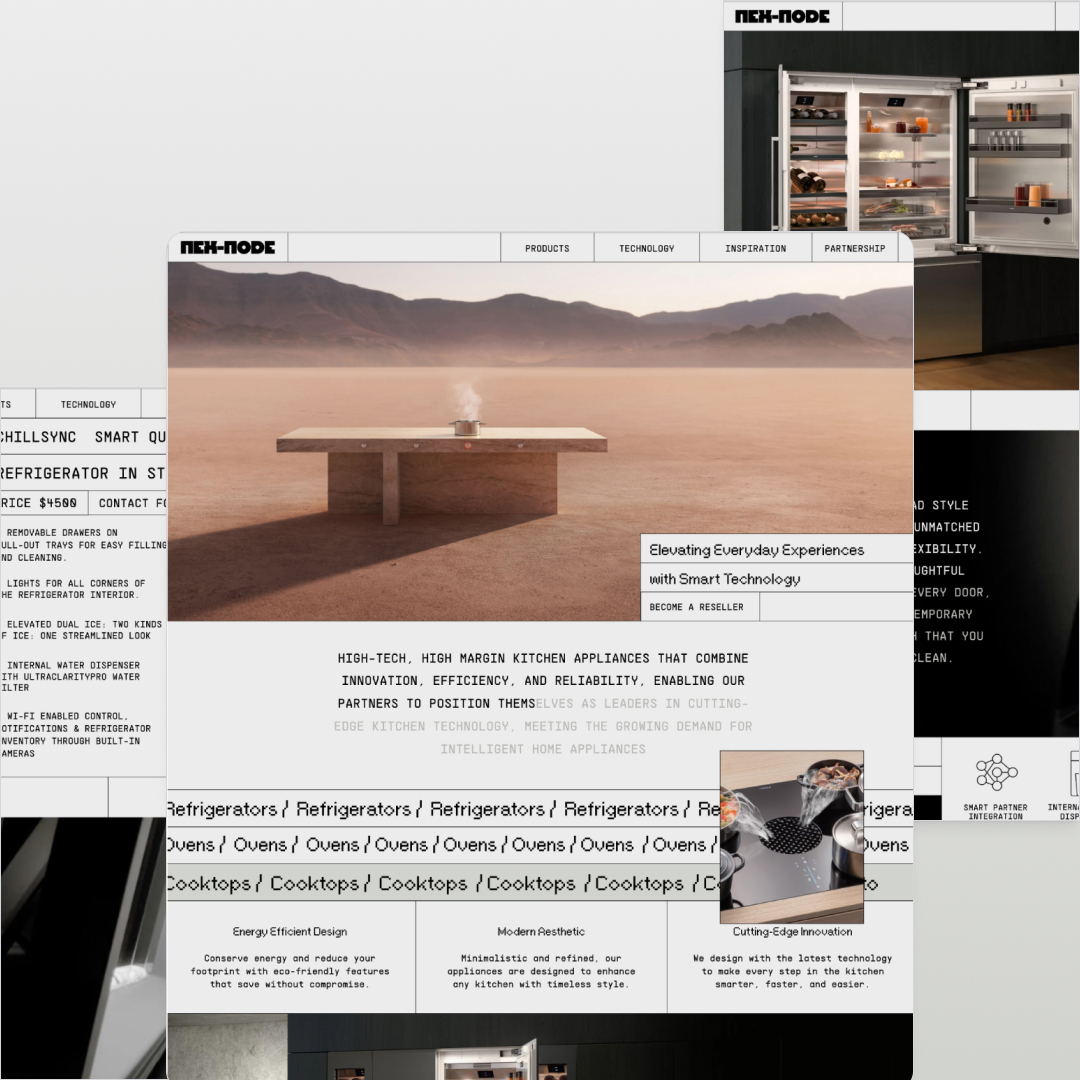 A collage of modern kitchen appliance designs, featuring a sleek refrigerator and oven. The images emphasize innovative technology and aesthetic appeal, with text highlighting smart features, partnerships, and the benefits of unlimited graphic design through a design subscription.