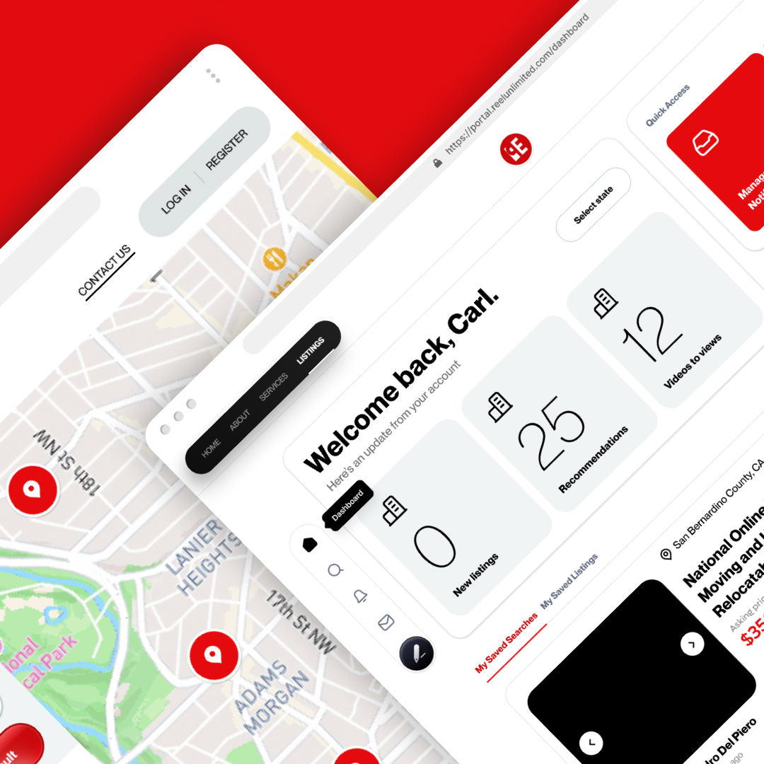 Overlapping website interfaces showcase a navigation map with location markers on the left and a dynamic user dashboard on the right. The dashboard, included in our design subscription plan, displays a welcome message, statistics, and various user options. A vibrant red tone enhances the background.